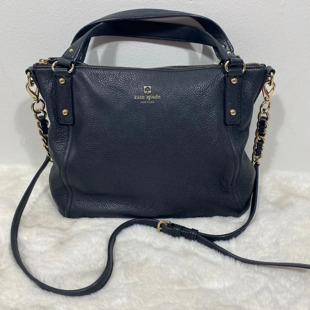 Kate Spade NY Black‎ Pebbled Leather Convertible Shoulder Handbag Gold Chain